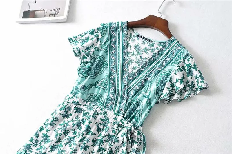 Boho Mini Dress Sundress, Wrap dress, Wild Floral Fresh Green Mint