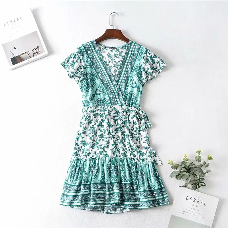 Boho Mini Dress Sundress, Wrap dress, Wild Floral Fresh Green Mint