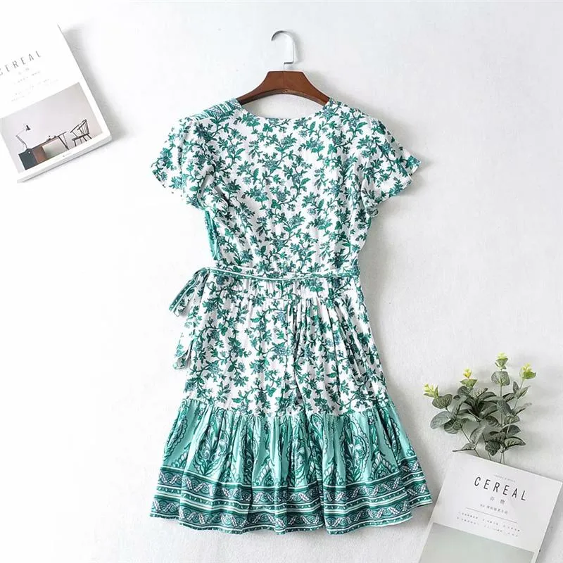 Boho Mini Dress Sundress, Wrap dress, Wild Floral Fresh Green Mint