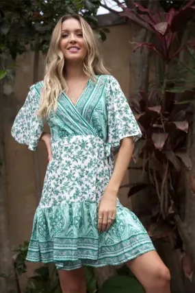 Boho Mini Dress Sundress, Wrap dress, Wild Floral Fresh Green Mint