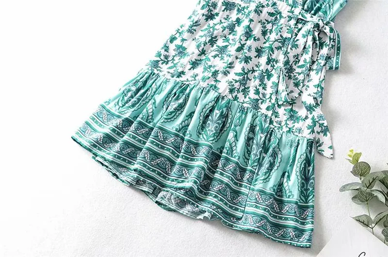 Boho Mini Dress Sundress, Wrap dress, Wild Floral Fresh Green Mint