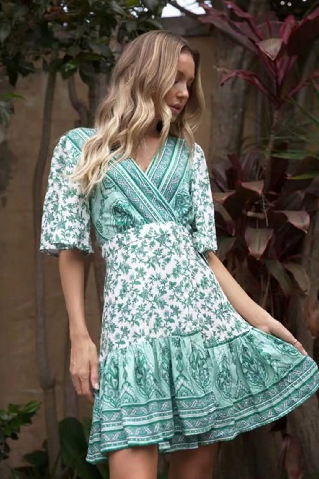 Boho Mini Dress Sundress, Wrap dress, Wild Floral Fresh Green Mint