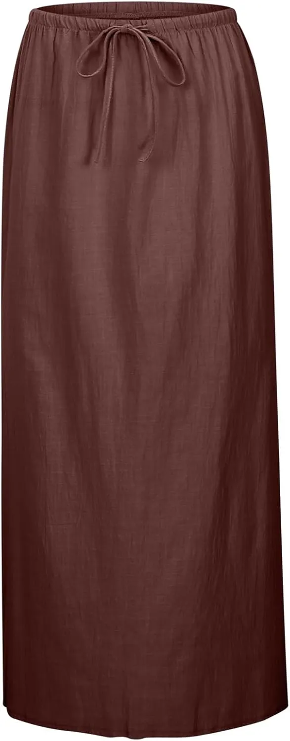 Boho Skirts for Women,2025 Summer Cotton Linen Maxi Skirts Drawstring a Line Long Skirt Trendy Casual Low Rise Skirt