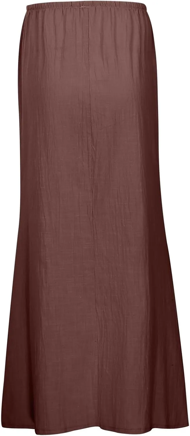 Boho Skirts for Women,2025 Summer Cotton Linen Maxi Skirts Drawstring a Line Long Skirt Trendy Casual Low Rise Skirt