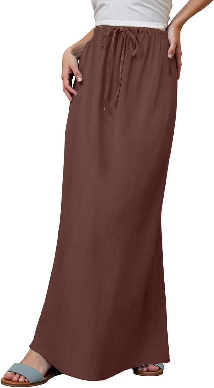 Boho Skirts for Women,2025 Summer Cotton Linen Maxi Skirts Drawstring a Line Long Skirt Trendy Casual Low Rise Skirt