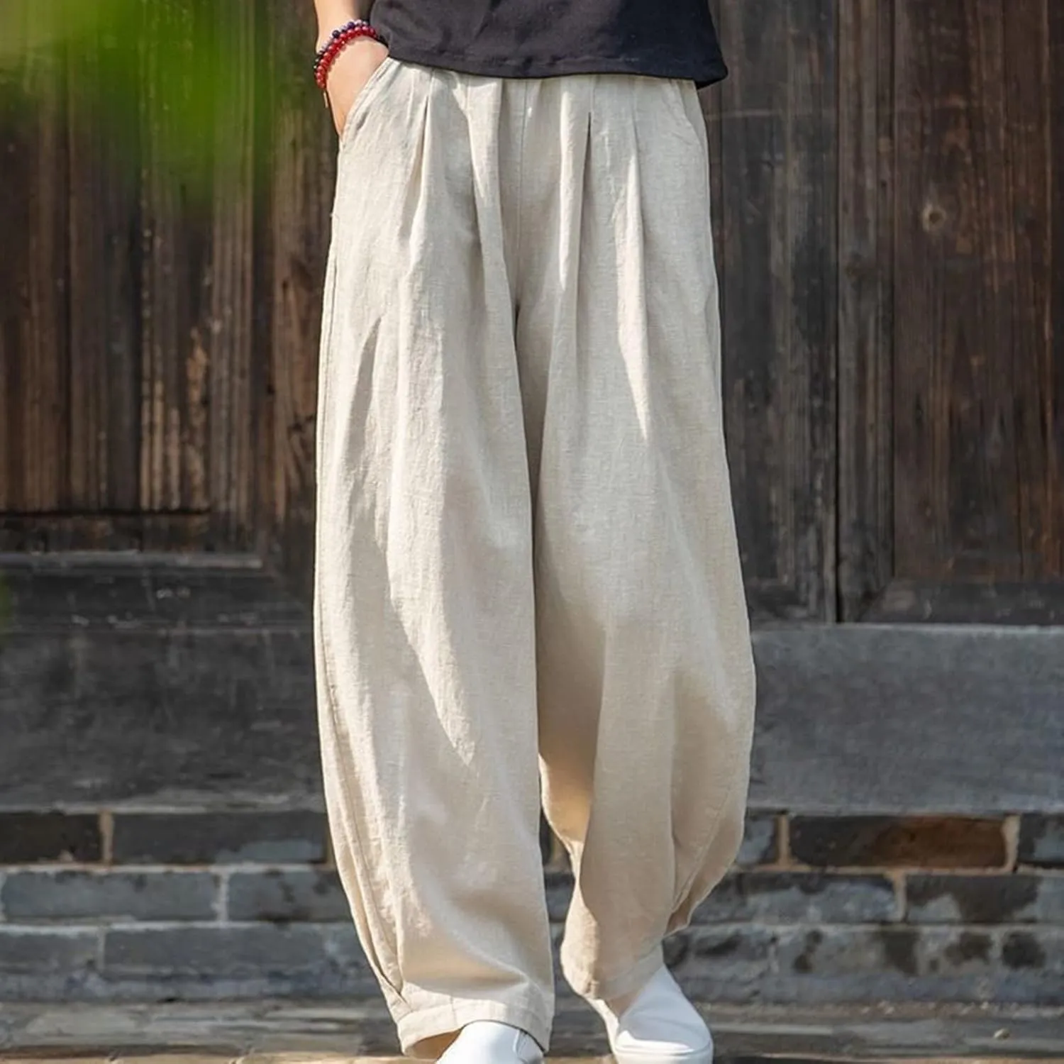 BZGTZT Women Cotton Linen Pants Summer Wide Leg Trousers Elastic High Waist Loose Fit Light Weight Lounge Pants with Pocket