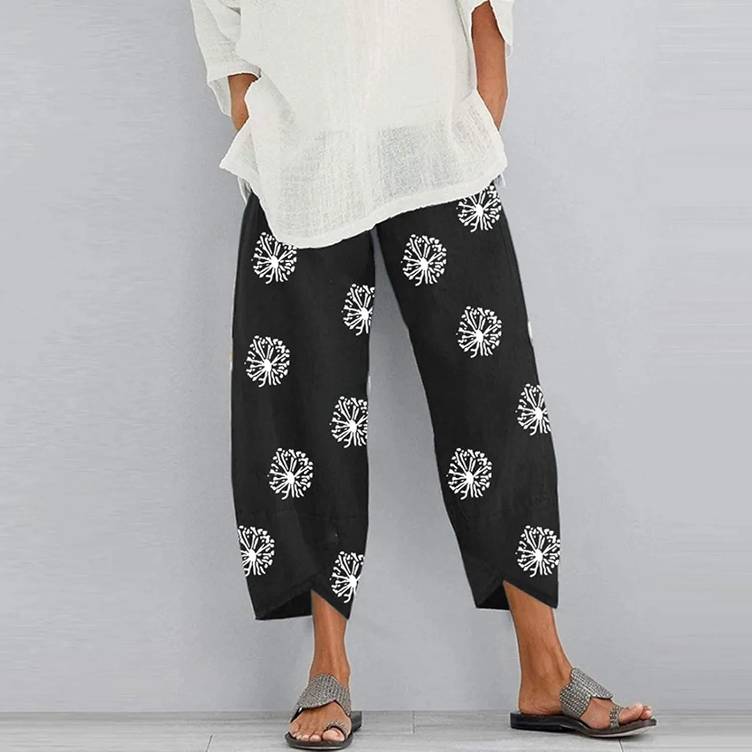 Cotton Linen Capri Pants for Women 2025 Casual Printed Cropped Palazzo Pants Elastic Waist Lounge Baggy Trousers