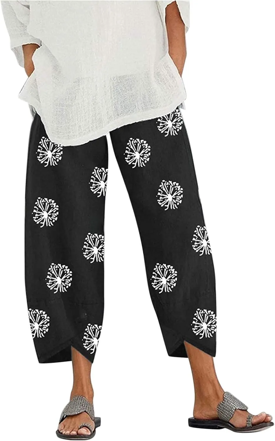 Cotton Linen Capri Pants for Women 2025 Casual Printed Cropped Palazzo Pants Elastic Waist Lounge Baggy Trousers