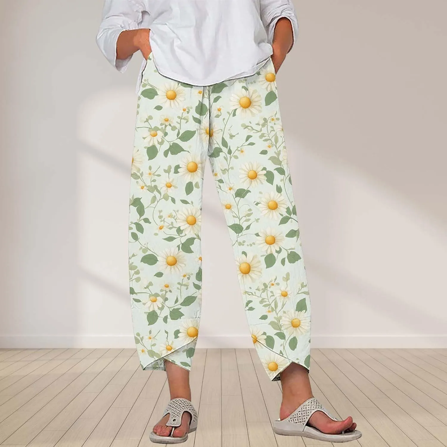 Cotton Linen Pants for Women 2025 Summer Capri Print Wide Leg Pants Palazzo Cropped Comfy Trousers with Pockets