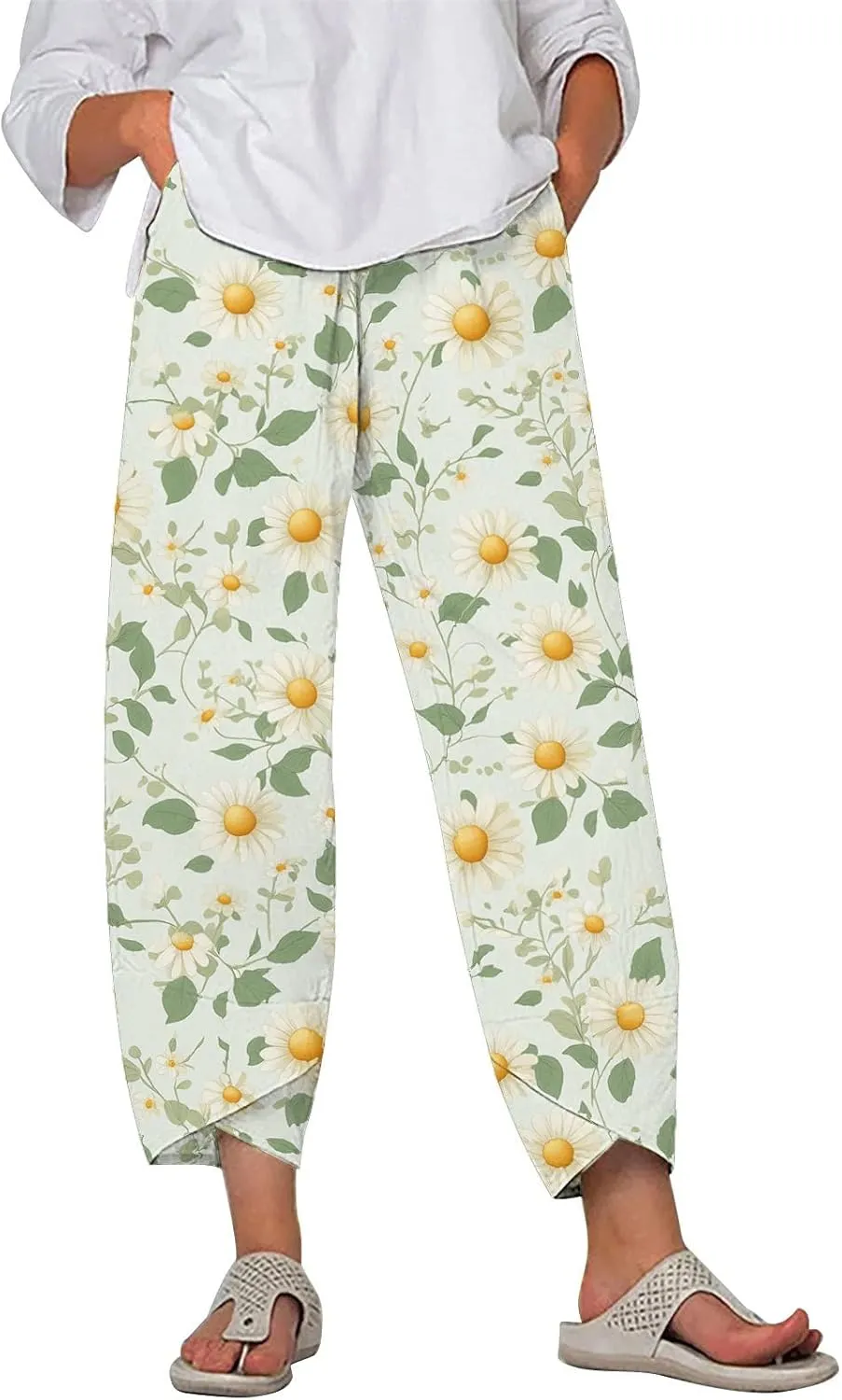 Cotton Linen Pants for Women 2025 Summer Capri Print Wide Leg Pants Palazzo Cropped Comfy Trousers with Pockets
