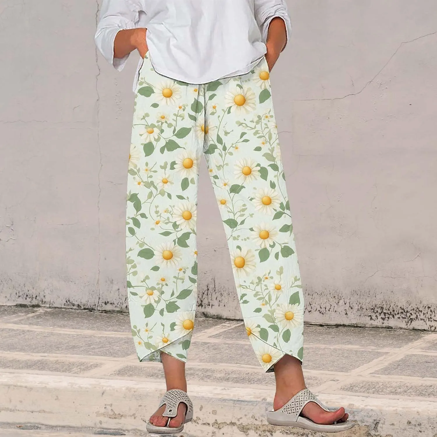 Cotton Linen Pants for Women 2025 Summer Capri Print Wide Leg Pants Palazzo Cropped Comfy Trousers with Pockets