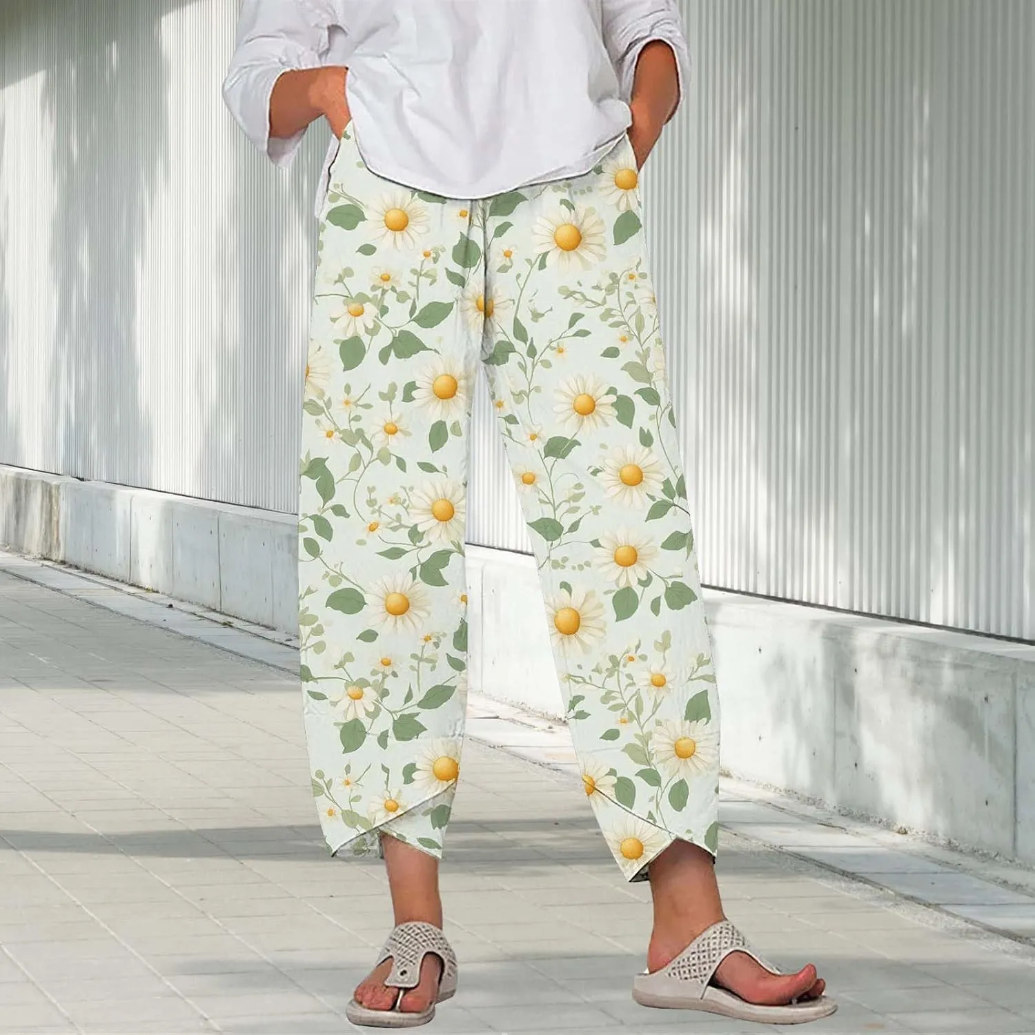 Cotton Linen Pants for Women 2025 Summer Capri Print Wide Leg Pants Palazzo Cropped Comfy Trousers with Pockets