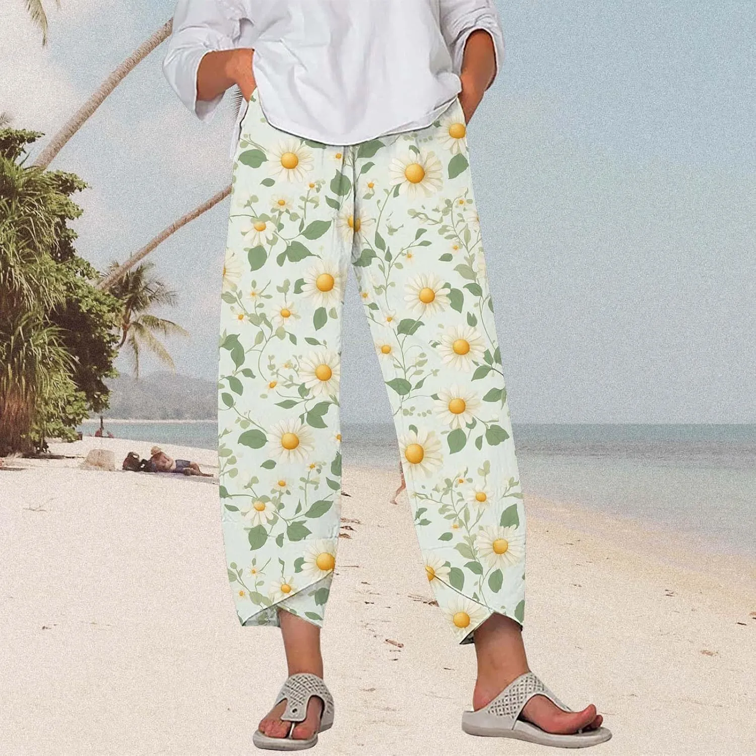 Cotton Linen Pants for Women 2025 Summer Capri Print Wide Leg Pants Palazzo Cropped Comfy Trousers with Pockets