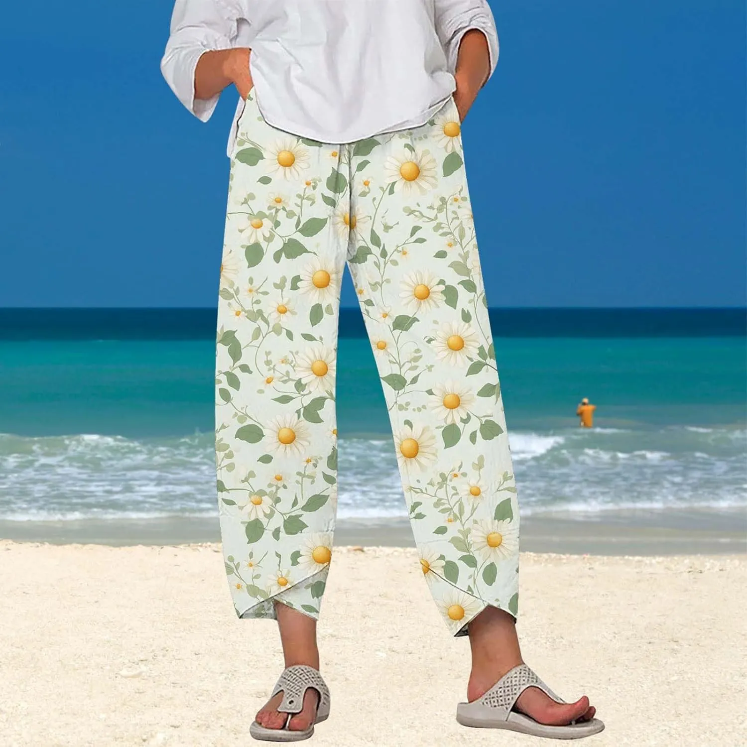 Cotton Linen Pants for Women 2025 Summer Capri Print Wide Leg Pants Palazzo Cropped Comfy Trousers with Pockets