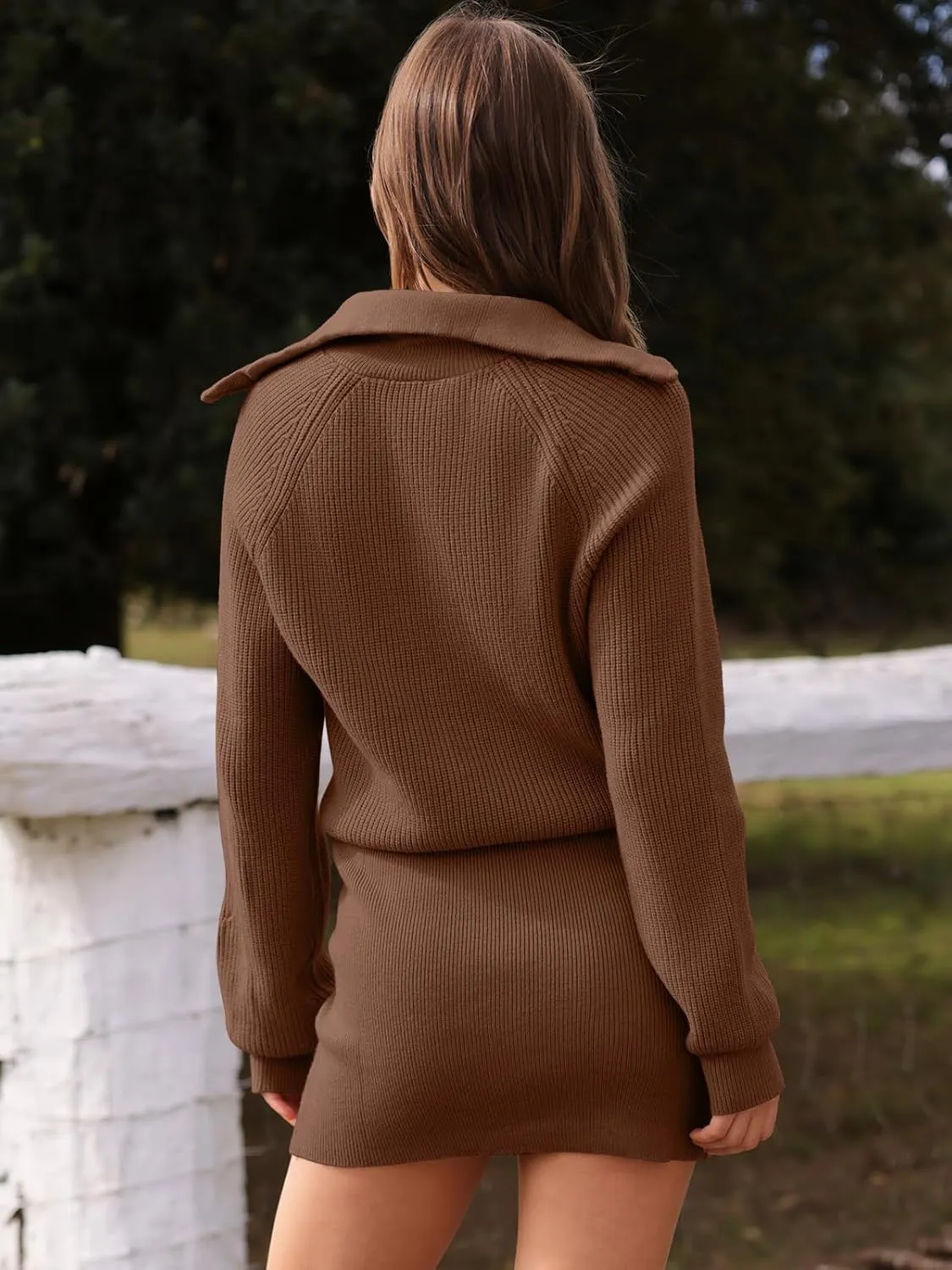 DEEP SELF Women's Casual Long Sleeve Bodycon Sweater Dresses Fall Half Zip V Neck Slim Fit Ribbed Knitted Mini Dress