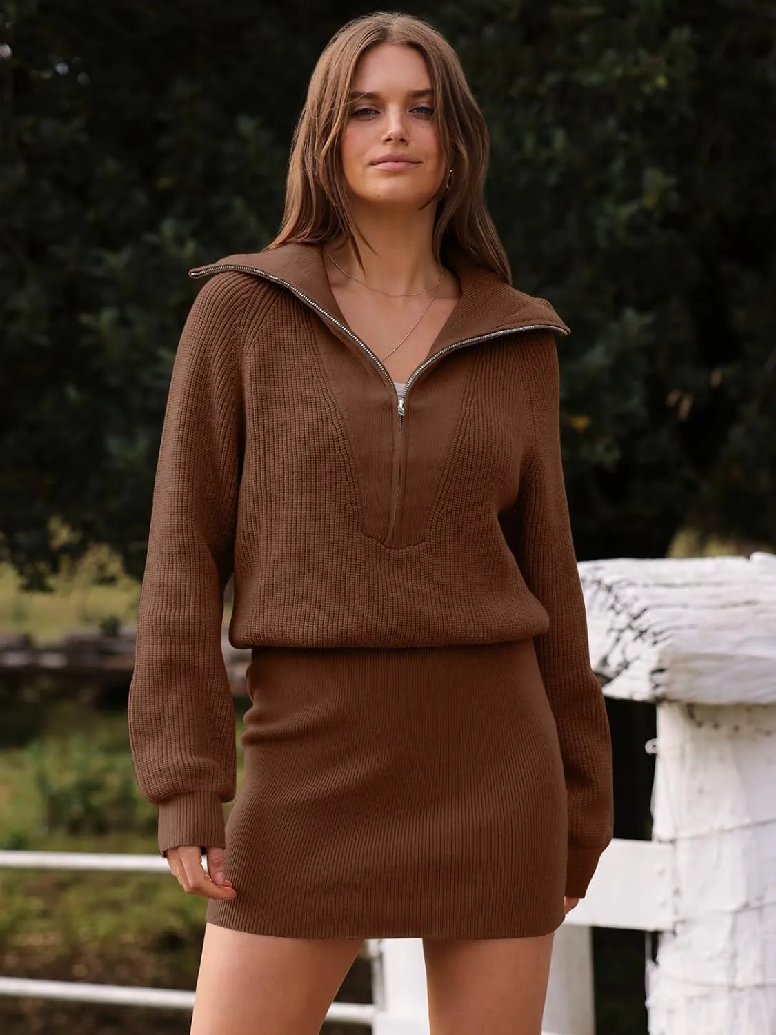 DEEP SELF Women's Casual Long Sleeve Bodycon Sweater Dresses Fall Half Zip V Neck Slim Fit Ribbed Knitted Mini Dress