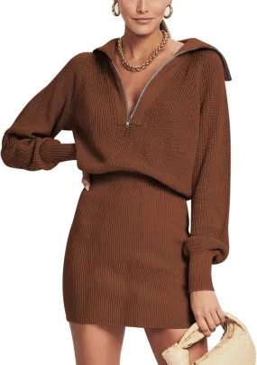 DEEP SELF Women's Casual Long Sleeve Bodycon Sweater Dresses Fall Half Zip V Neck Slim Fit Ribbed Knitted Mini Dress