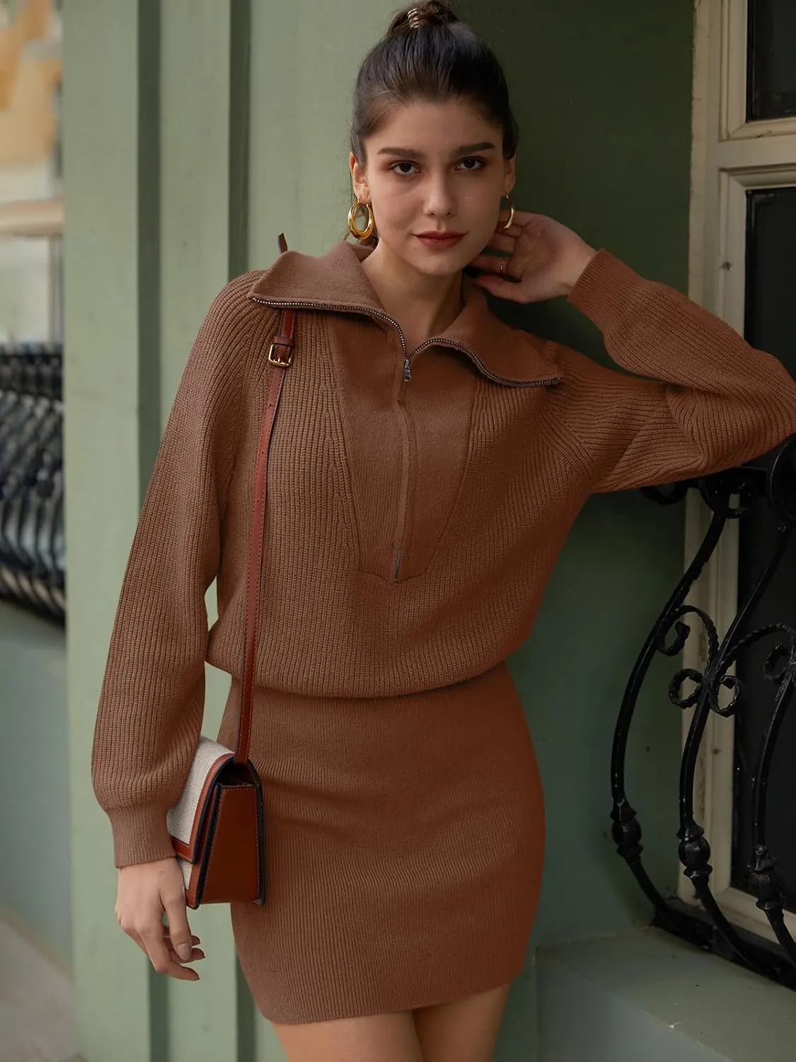 DEEP SELF Women's Casual Long Sleeve Bodycon Sweater Dresses Fall Half Zip V Neck Slim Fit Ribbed Knitted Mini Dress