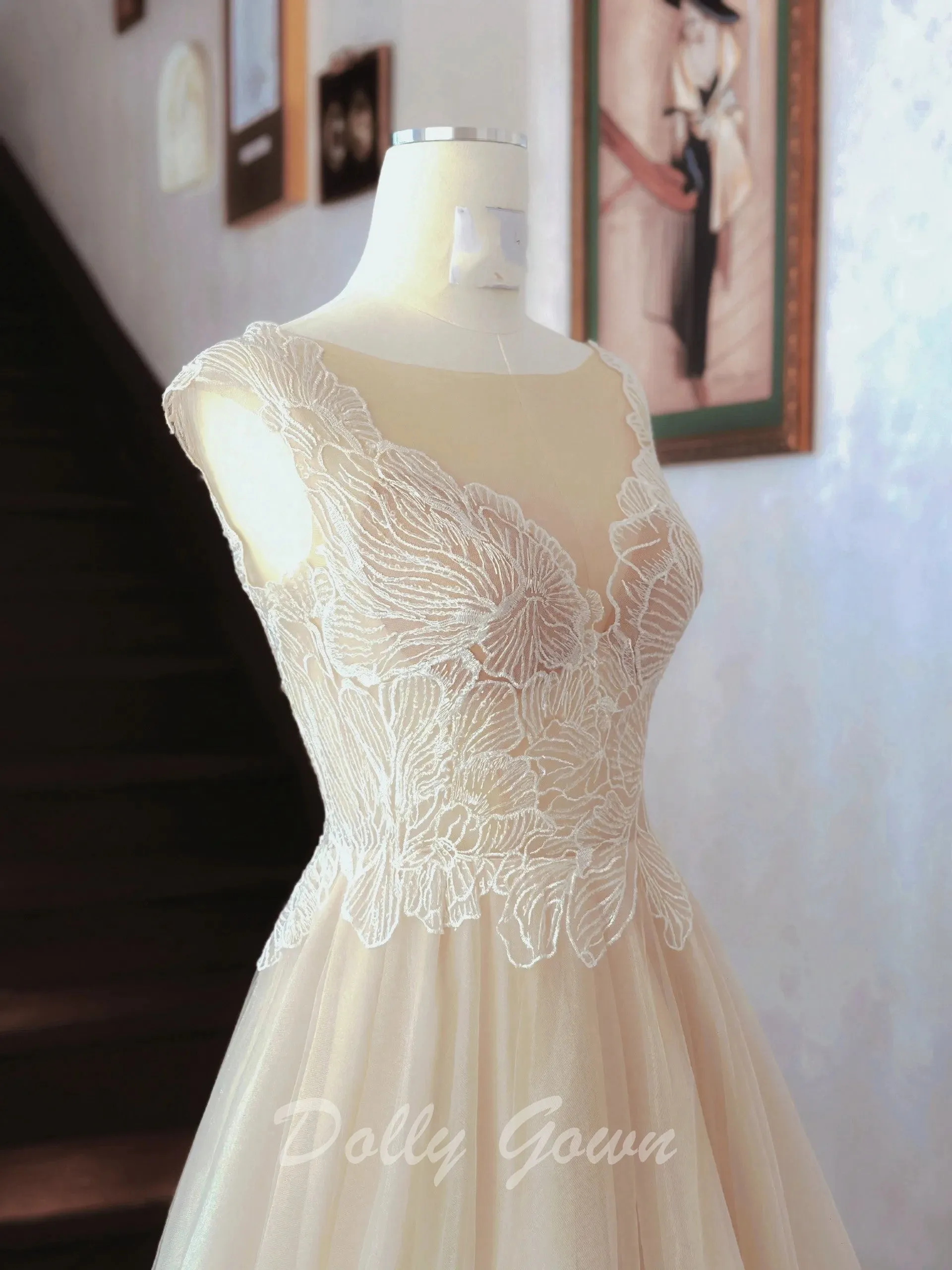Fairy Illusion Lace Top A-line Sheer Flowy Champagne Wedding Dress
