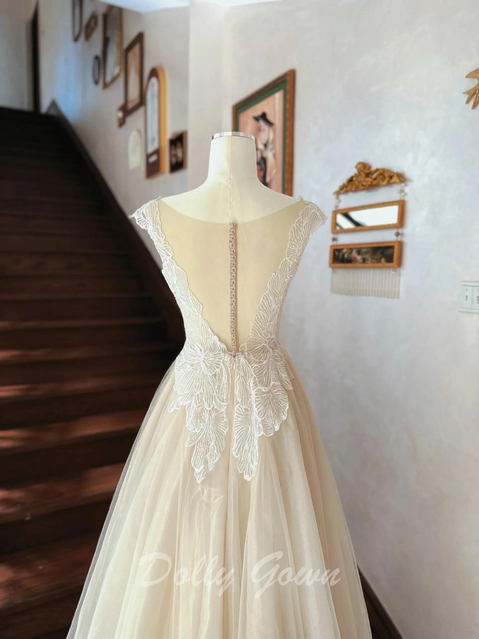 Fairy Illusion Lace Top A-line Sheer Flowy Champagne Wedding Dress
