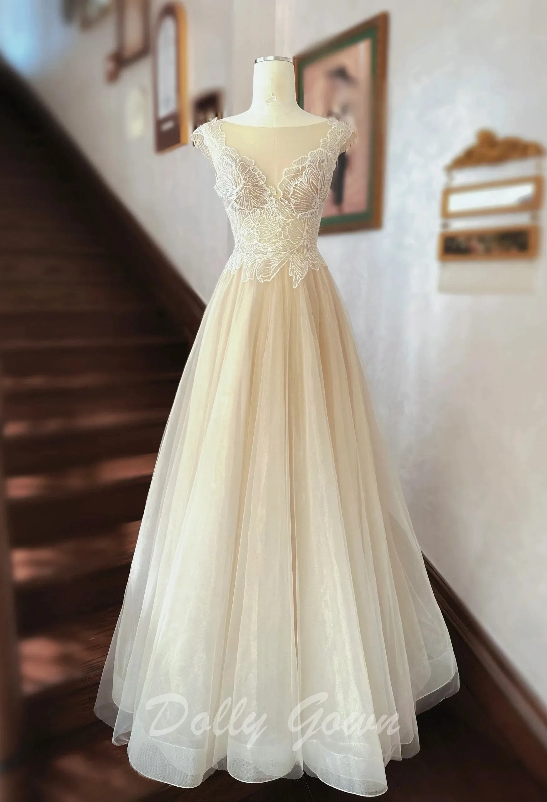 Fairy Illusion Lace Top A-line Sheer Flowy Champagne Wedding Dress