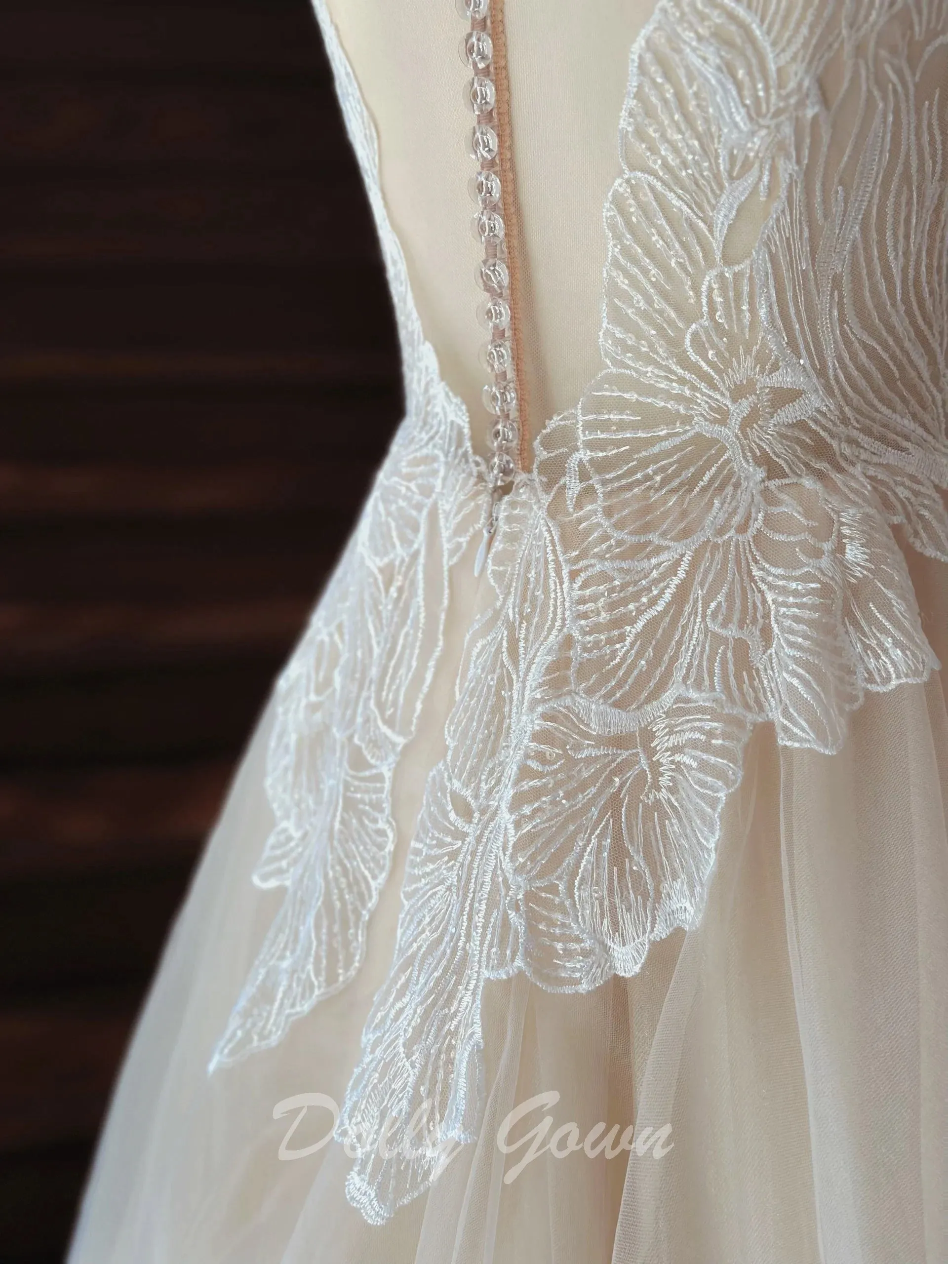 Fairy Illusion Lace Top A-line Sheer Flowy Champagne Wedding Dress