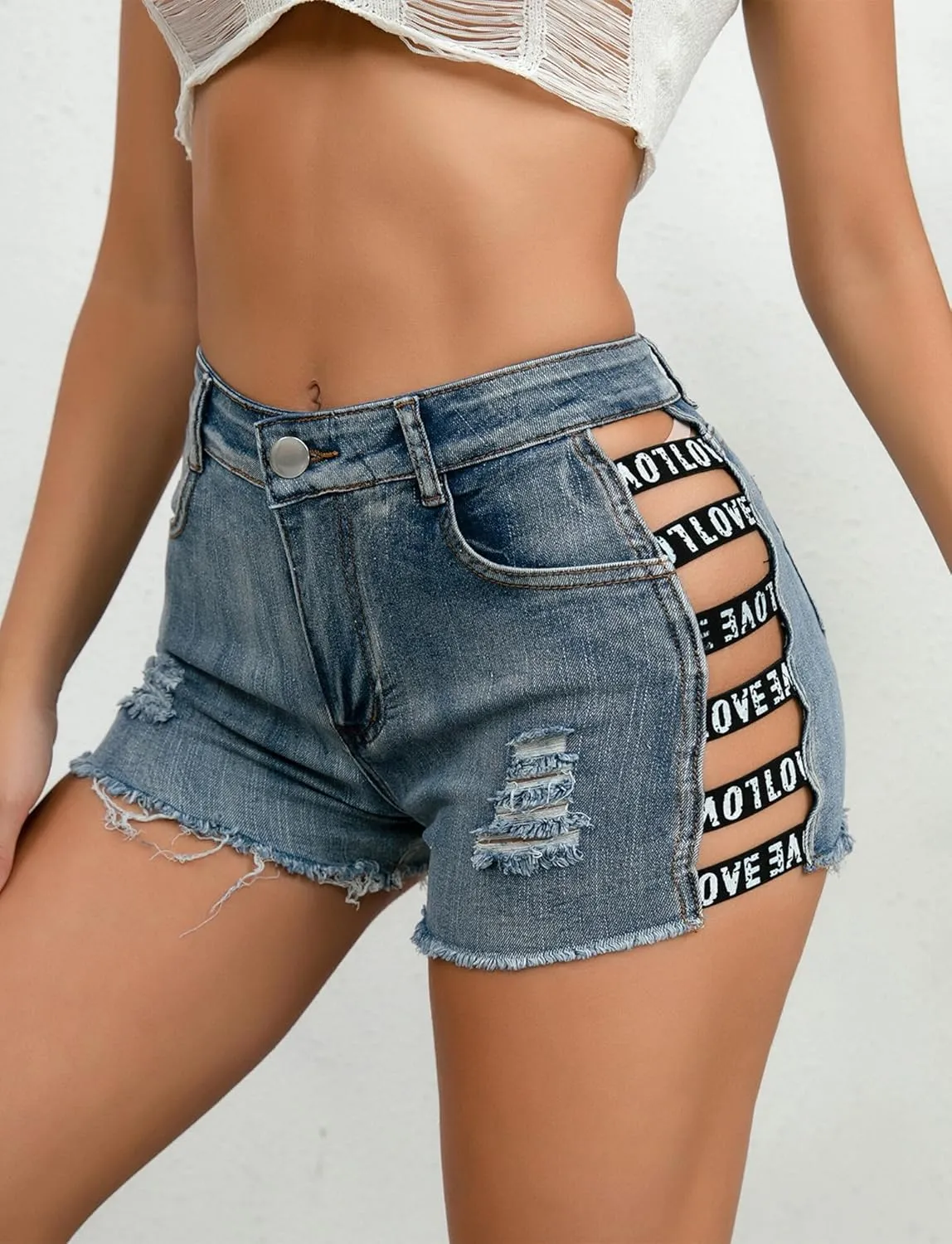 FEOYA Women’s High Waisted Stretchy Denim Shorts Sexy Cut Off Hot Jeans Shorts