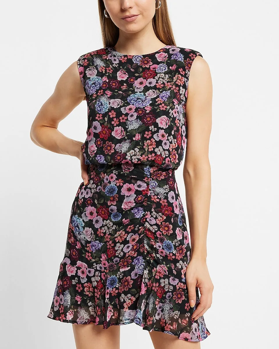 Floral Print Ruched Ruffle Hem Mini Dress in Multi