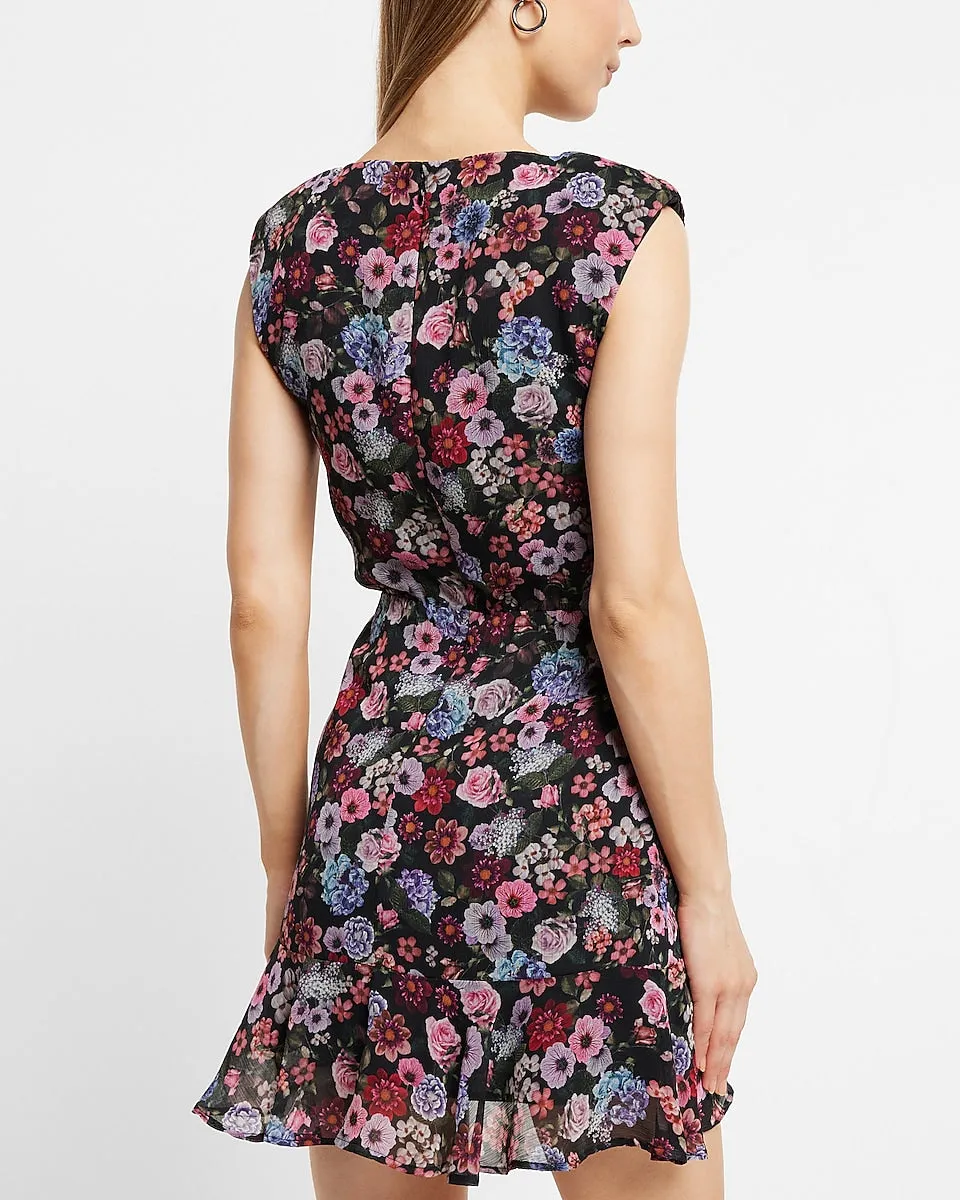 Floral Print Ruched Ruffle Hem Mini Dress in Multi
