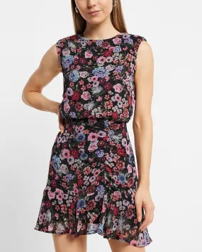 Floral Print Ruched Ruffle Hem Mini Dress in Multi