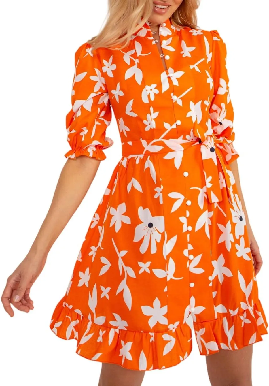 futurino Women Single Breasted A-line Dress, Floral Printed Boho Style Lantern Short Sleeve with Belt Summer Dress