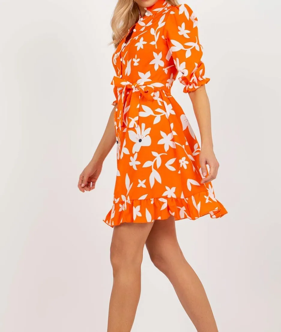futurino Women Single Breasted A-line Dress, Floral Printed Boho Style Lantern Short Sleeve with Belt Summer Dress