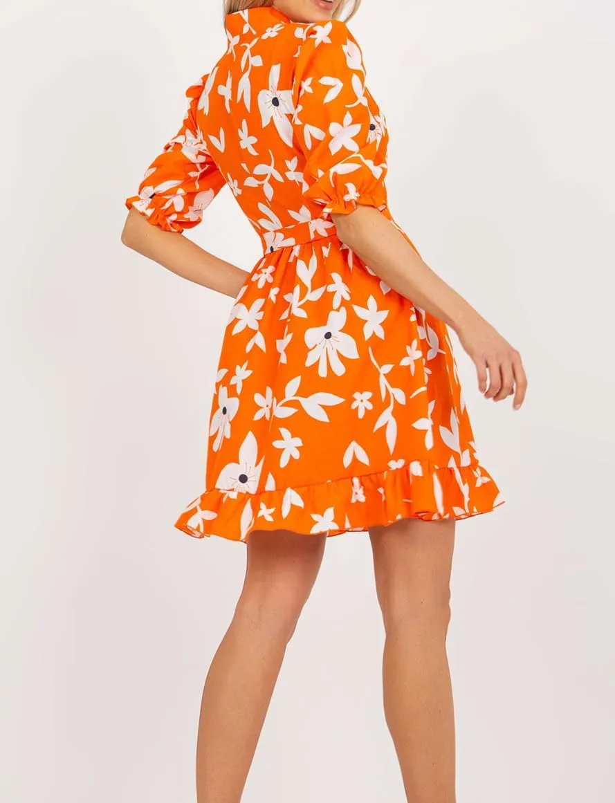 futurino Women Single Breasted A-line Dress, Floral Printed Boho Style Lantern Short Sleeve with Belt Summer Dress