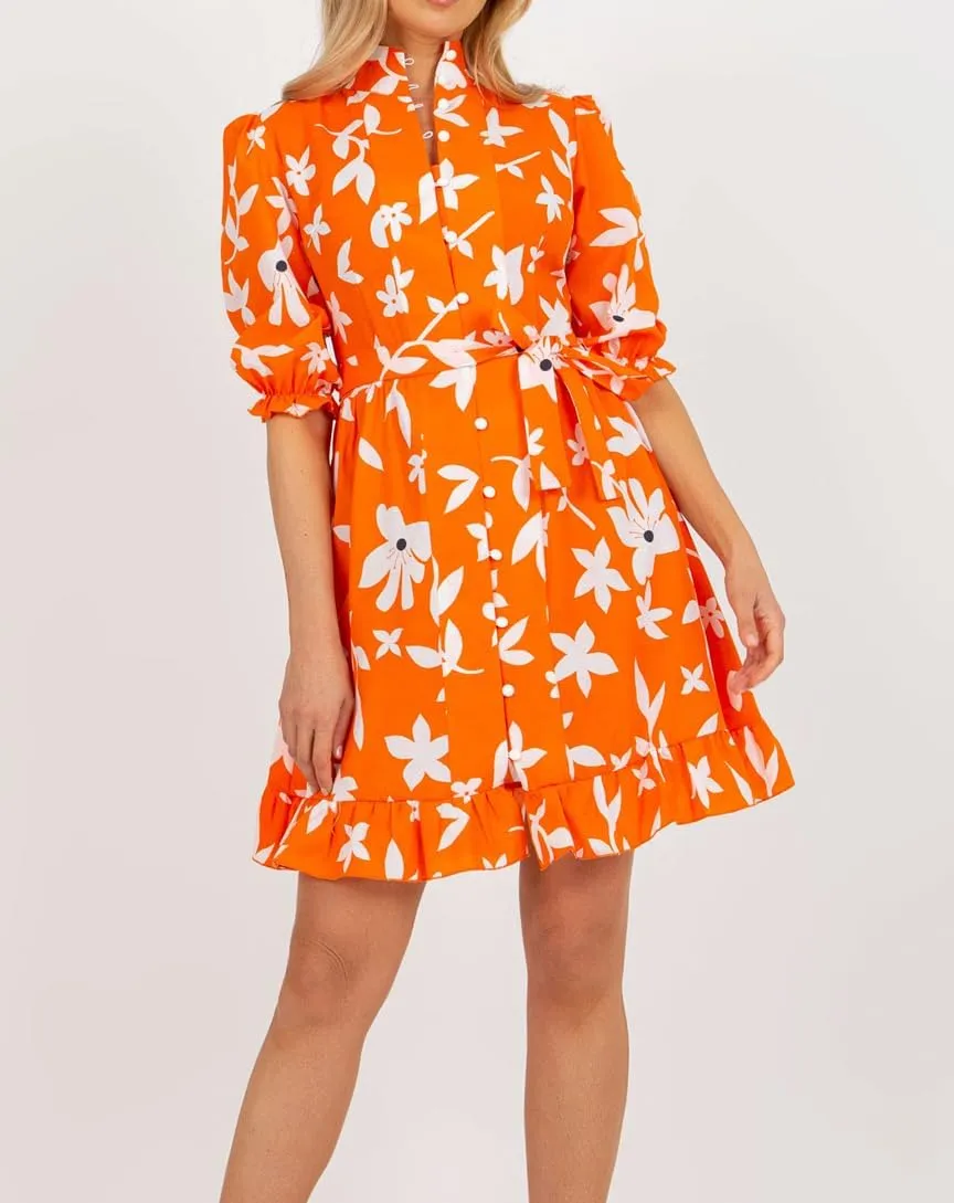 futurino Women Single Breasted A-line Dress, Floral Printed Boho Style Lantern Short Sleeve with Belt Summer Dress