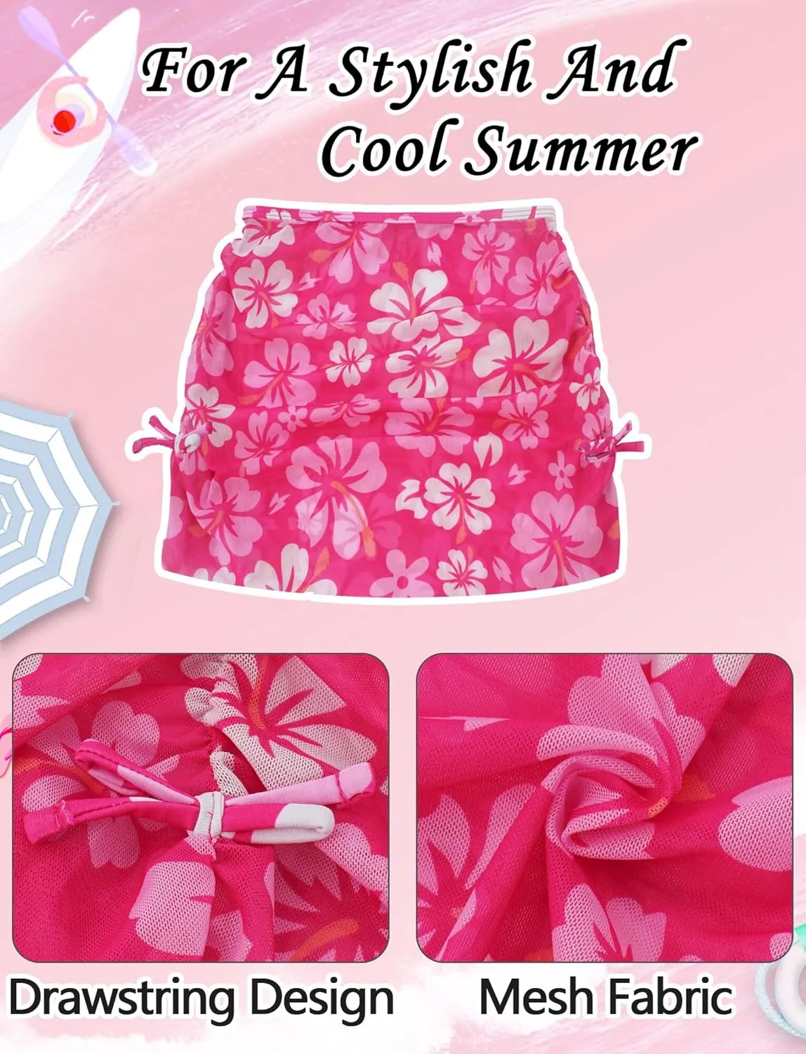 Girls 3 Piece Swimsuit Summer Hawaiian Bikini Set with Beach Cover Up Skirt Bathing Suit Swimwear 8-15 Years