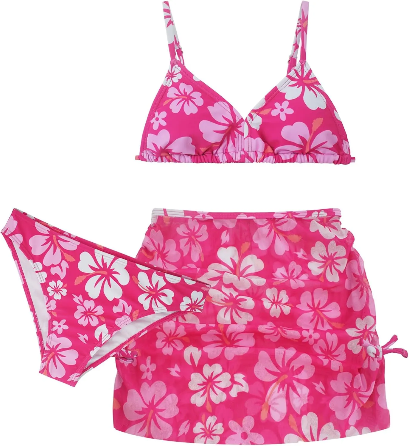 Girls 3 Piece Swimsuit Summer Hawaiian Bikini Set with Beach Cover Up Skirt Bathing Suit Swimwear 8-15 Years