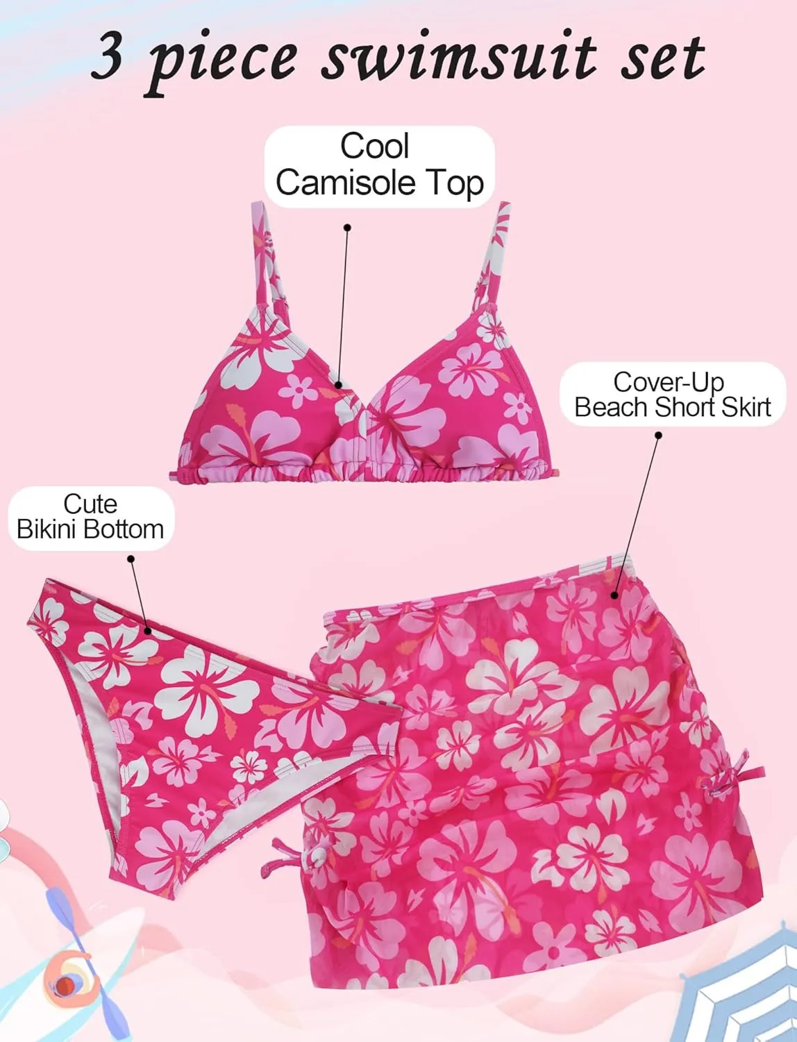 Girls 3 Piece Swimsuit Summer Hawaiian Bikini Set with Beach Cover Up Skirt Bathing Suit Swimwear 8-15 Years