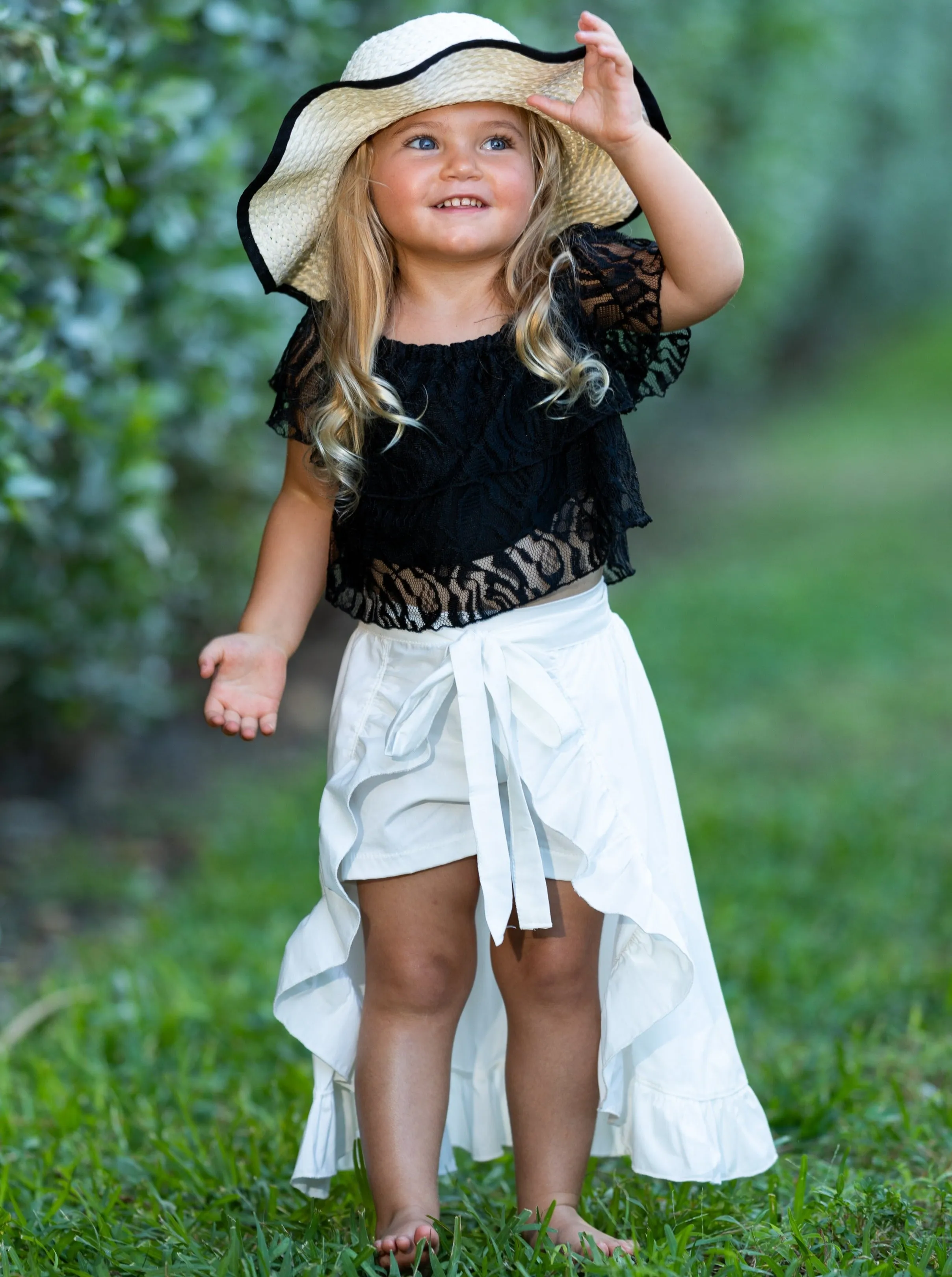 Girls Spring Fling Lace Crop Top, Shorts and Wrap Skirt Set