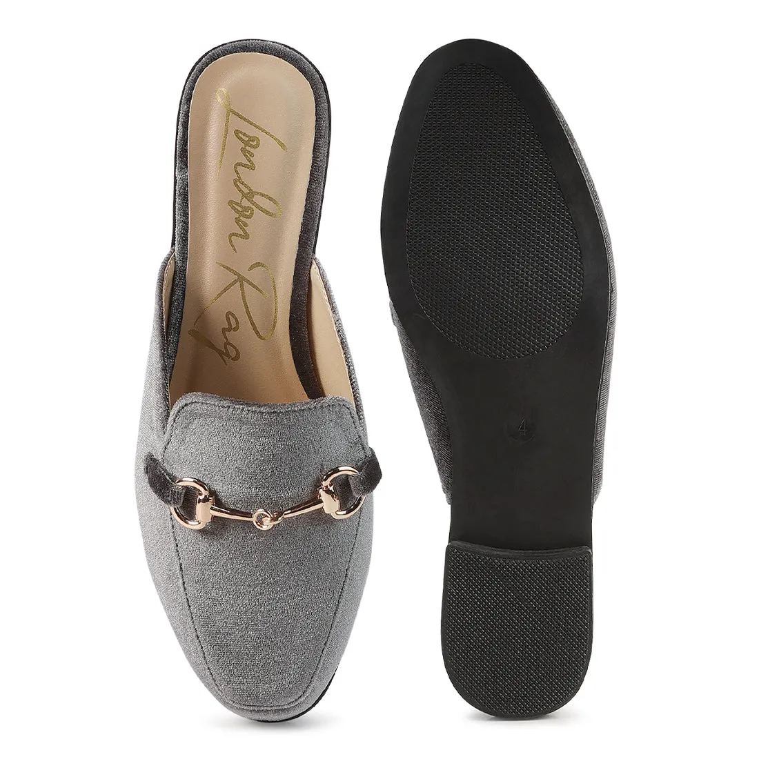 Grey Velvet Buckled Flat Mules