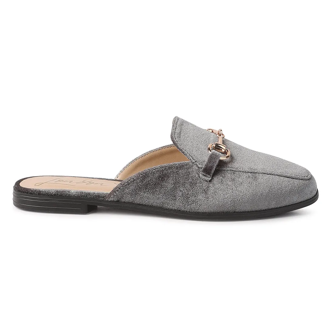 Grey Velvet Buckled Flat Mules