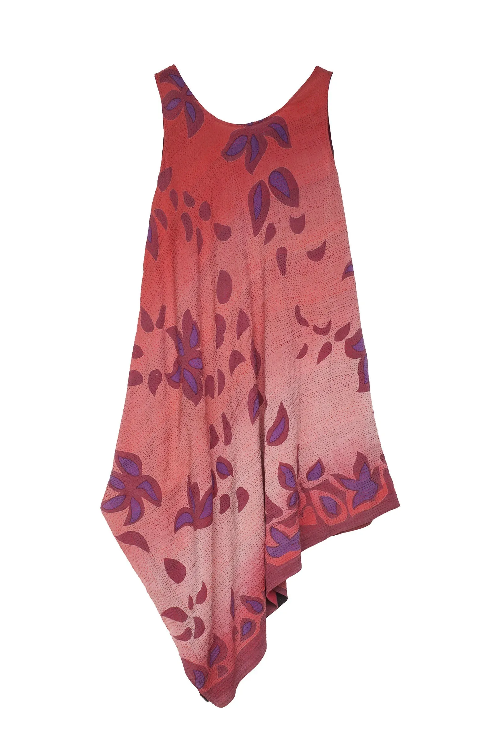 HOLIDAY FLOWER SILK COTTON KANTHA TANK FLARE DRESS - ho2402-red -