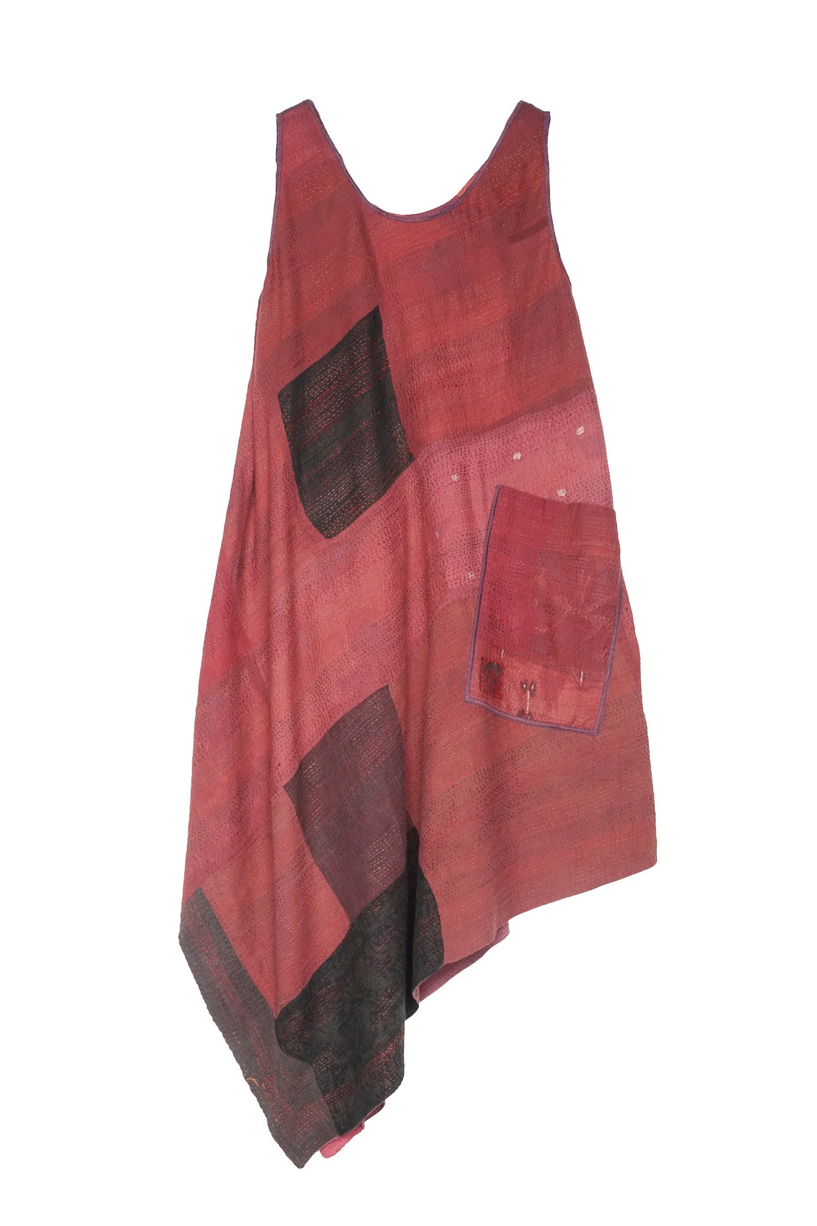 HOLIDAY FLOWER SILK COTTON KANTHA TANK FLARE DRESS - ho2402-red -