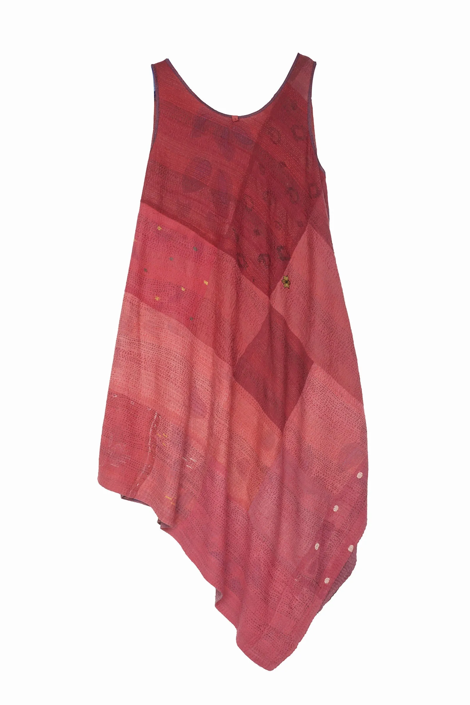 HOLIDAY FLOWER SILK COTTON KANTHA TANK FLARE DRESS - ho2402-red -