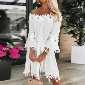 Holiday Sundress Lace Off Shoulder V Neck Short Sleeve Beach Boho Dress