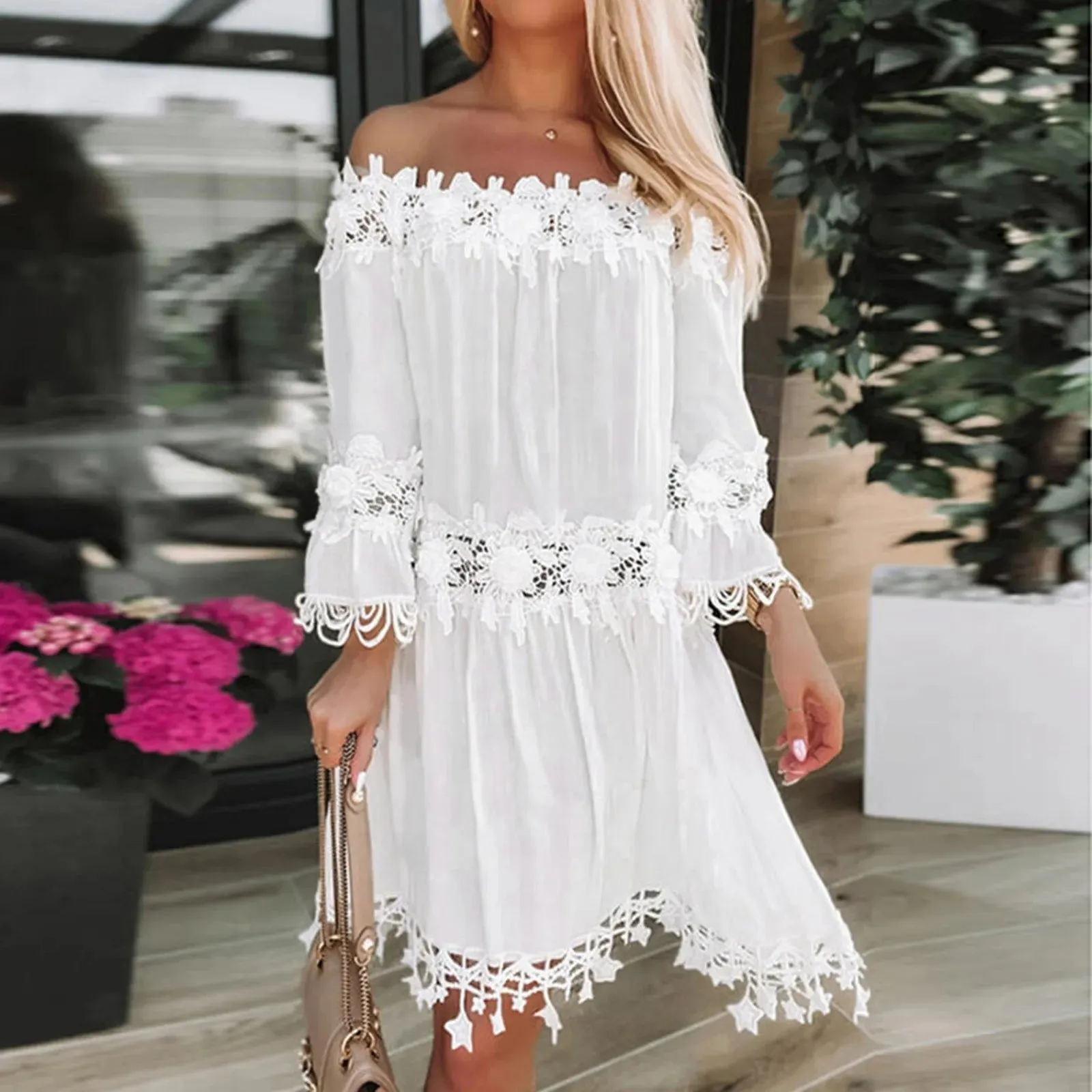 Holiday Sundress Lace Off Shoulder V Neck Short Sleeve Beach Boho Dress