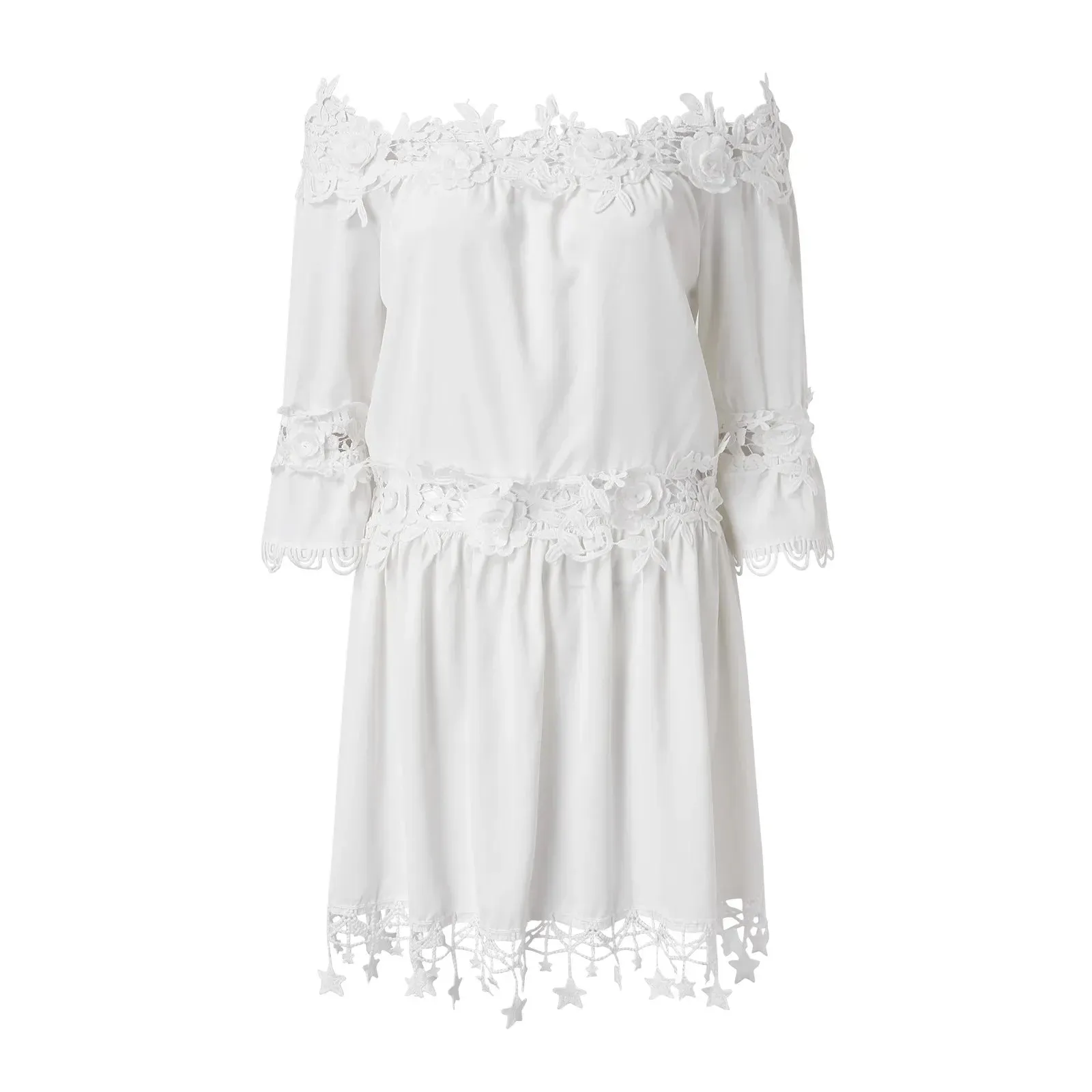 Holiday Sundress Lace Off Shoulder V Neck Short Sleeve Beach Boho Dress