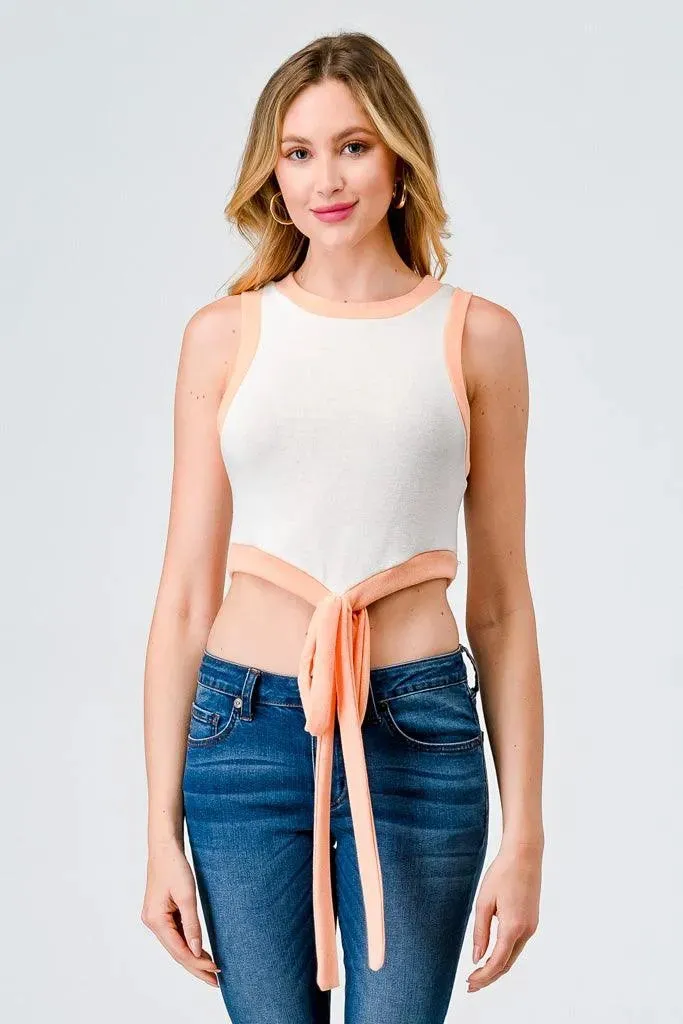 Ivory & Peach Sleeveless Tie Hem Crop Tank Top /1-2-2-1