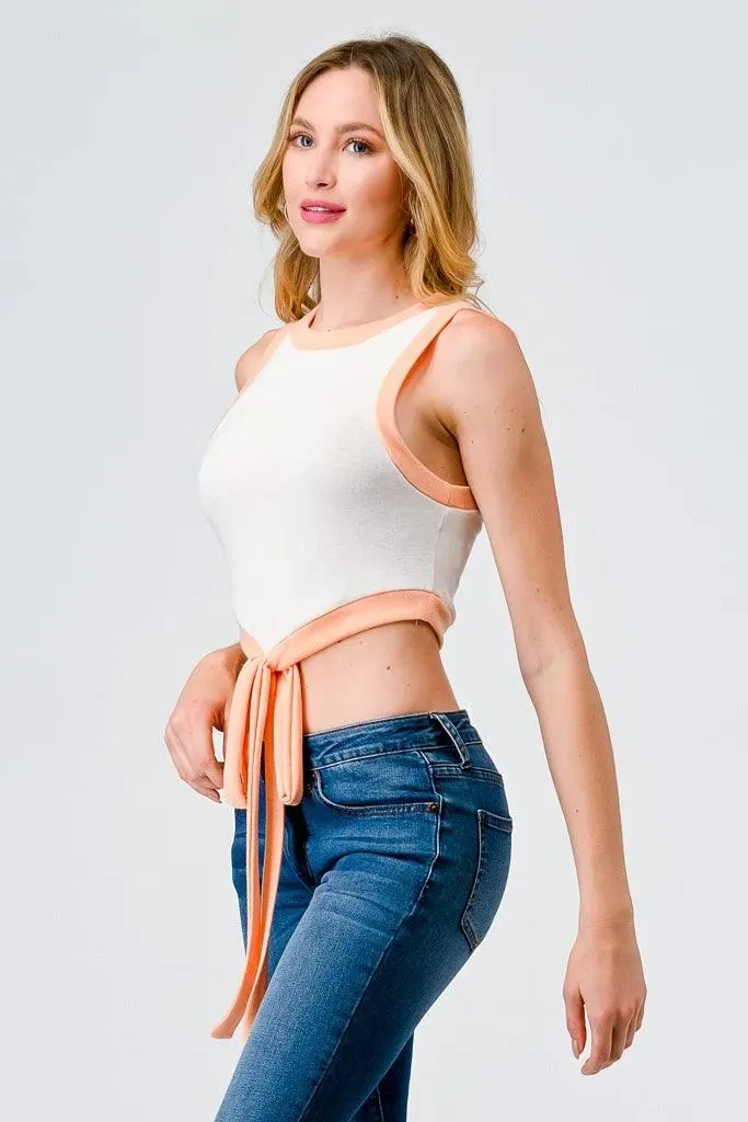 Ivory & Peach Sleeveless Tie Hem Crop Tank Top /1-2-2-1