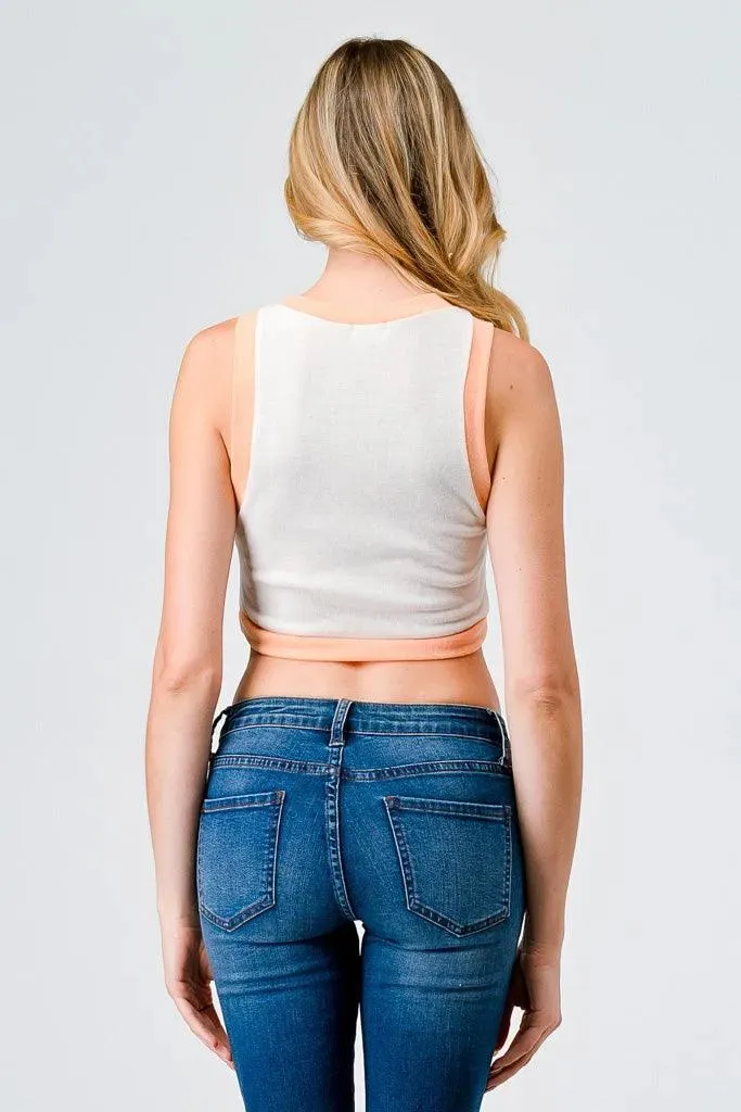 Ivory & Peach Sleeveless Tie Hem Crop Tank Top /1-2-2-1