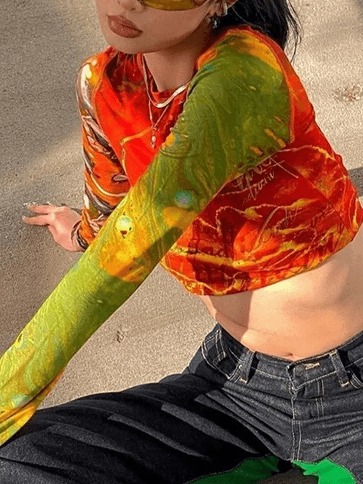 Joskaa Patchwork Printed Mesh Long Sleeve Crop Top